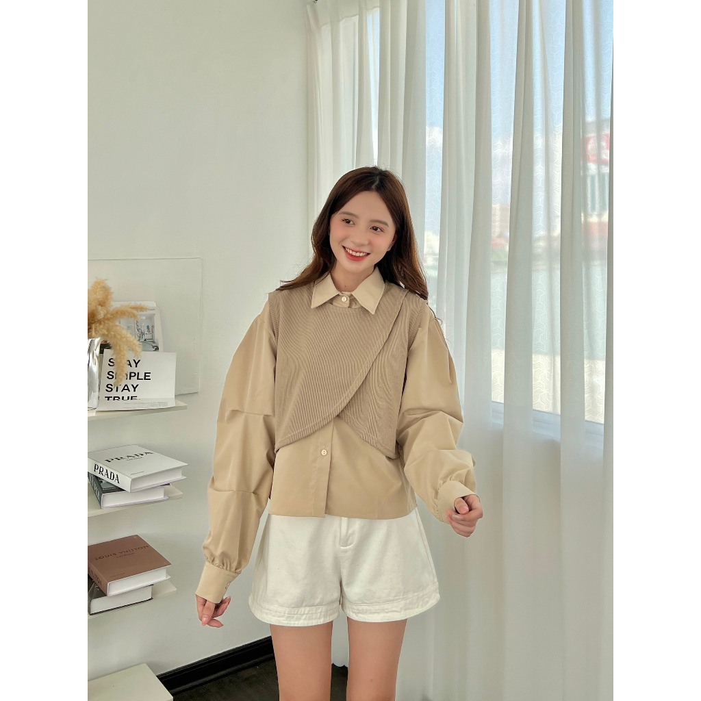 Set áo sơ mi kèm ghile nỉ tăm, Set 2 món áo sơ mi mix gile nỉ tăm  051 P7K4