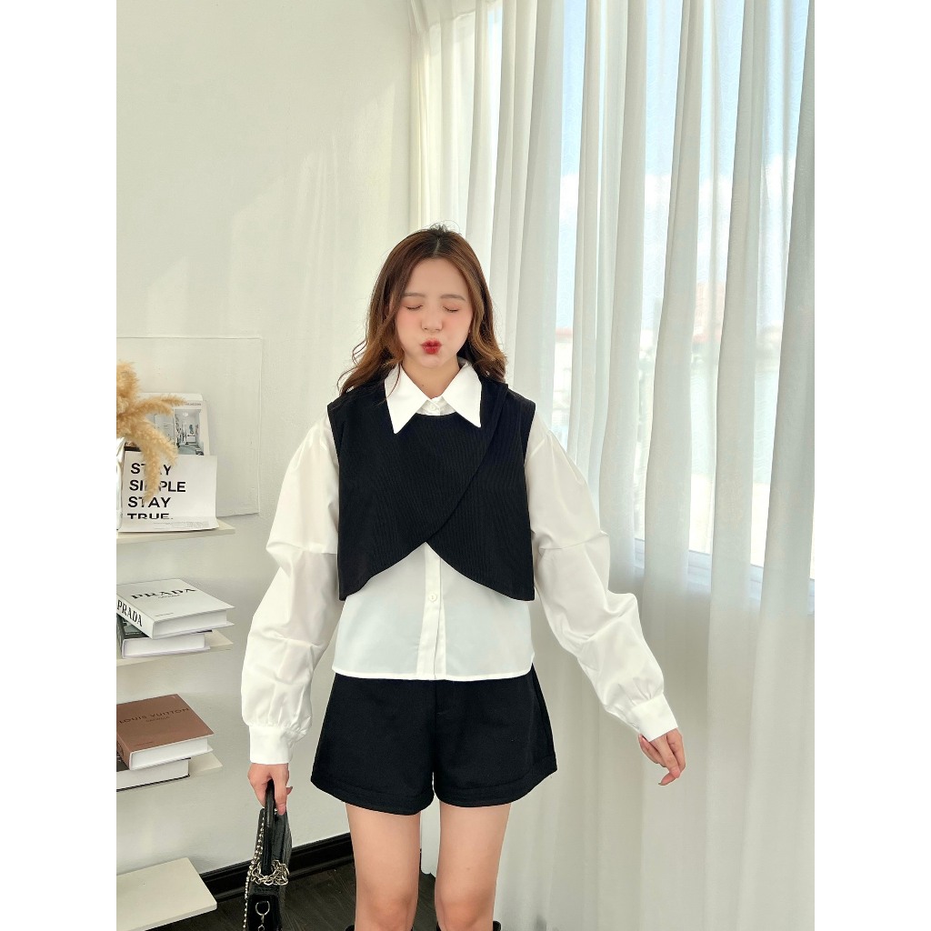 Set áo sơ mi kèm ghile nỉ tăm, Set 2 món áo sơ mi mix gile nỉ tăm  051 P7K4