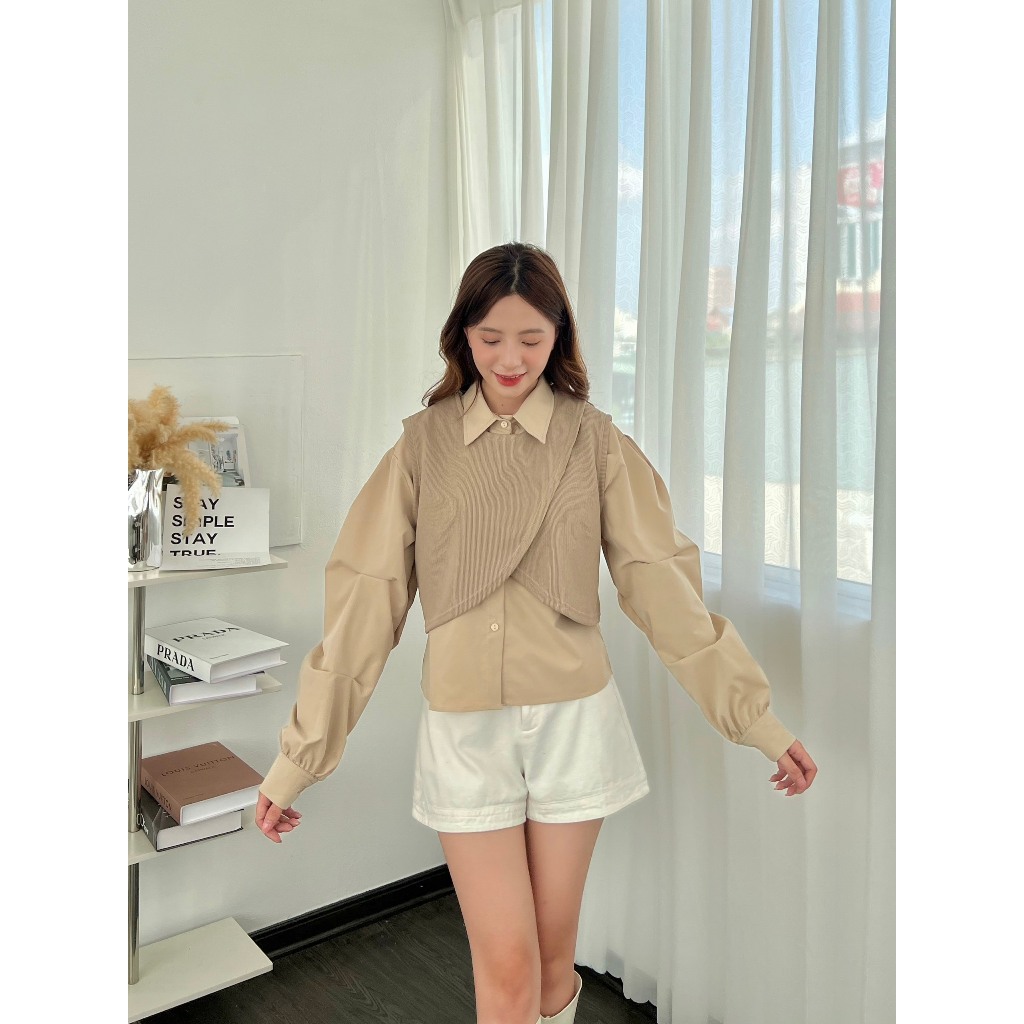 Set áo sơ mi kèm ghile nỉ tăm, Set 2 món áo sơ mi mix gile nỉ tăm  051 P7K4