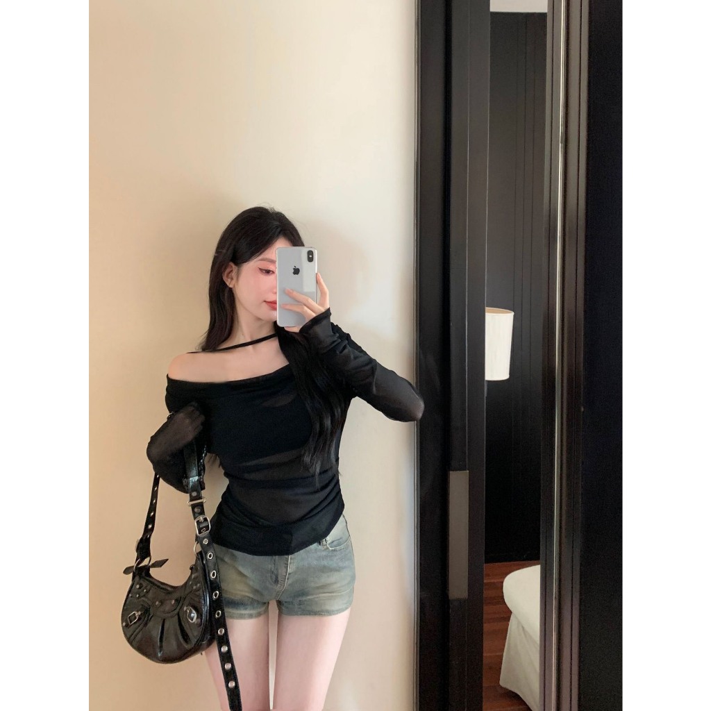 Áo trễ vai thun co giãn phối dây cá tính  A1023