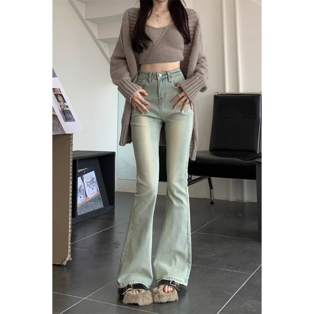 Quần bò jeans nữ ống loe rộng xuông đứng, jeans cạp cao xẻ gấu co dãn