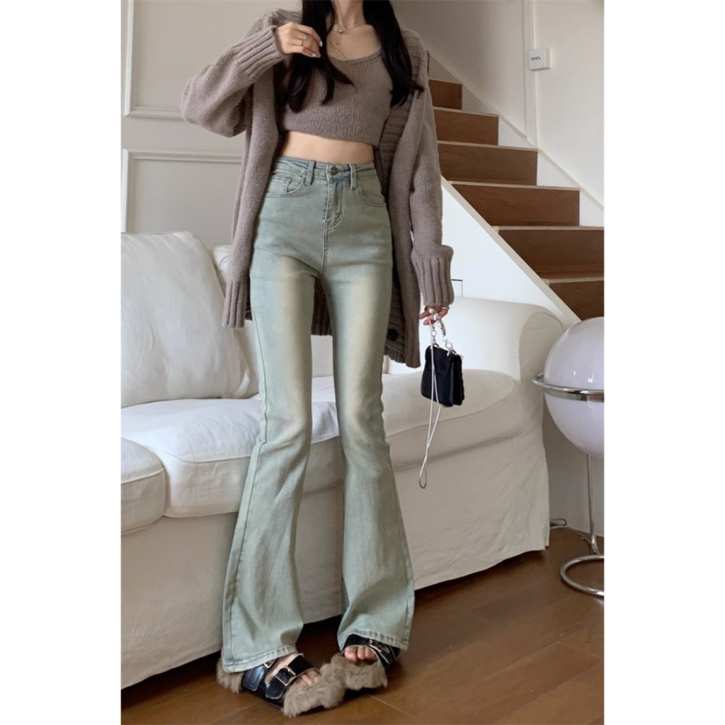 Quần bò jeans nữ ống loe rộng xuông đứng, jeans cạp cao xẻ gấu co dãn