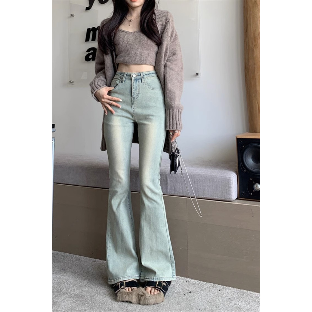 Quần bò jeans nữ ống loe rộng xuông đứng, jeans cạp cao xẻ gấu co dãn