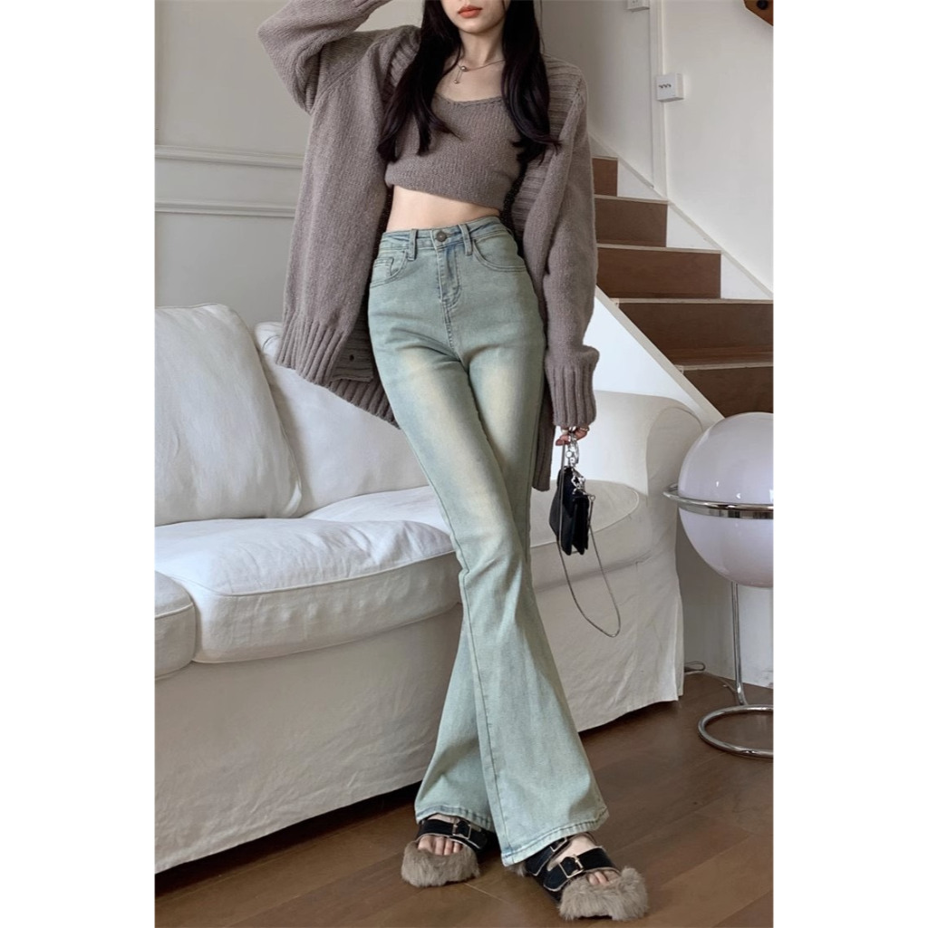 Quần bò jeans nữ ống loe rộng xuông đứng, jeans cạp cao xẻ gấu co dãn