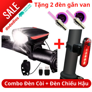 Combo Đèn Xe Đạp Thể Thao Siêu Sáng Có Còi Pin Sạc Chống Nước + Đèn Chiếu Hậu Cảnh Báo TẶNG 2 ĐÈN GẮN VAN XE 