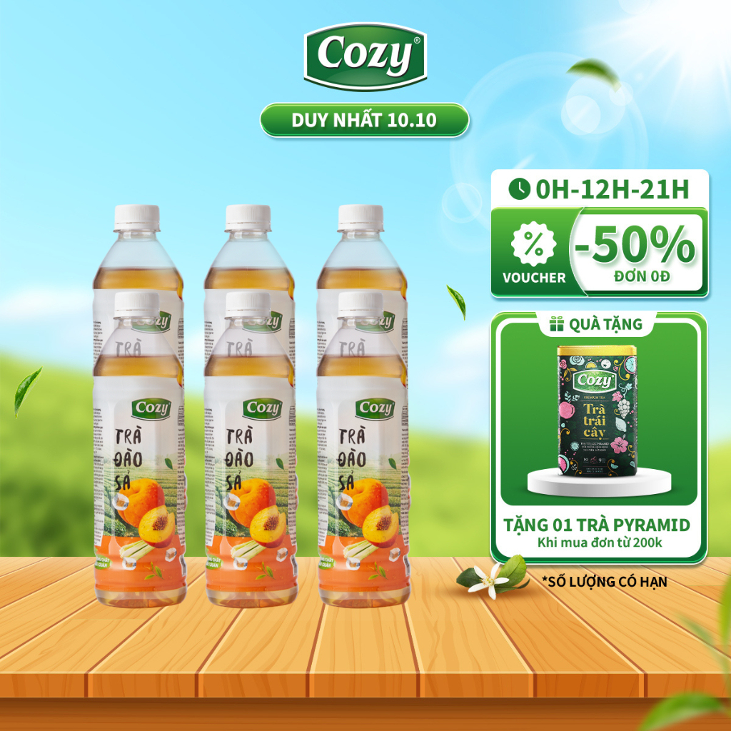 Trà Đào Sả Uống Liền Chai Pet 455ml Cozy Lốc 6 Chai Thơm Ngon Rõ Vị Đào Sả