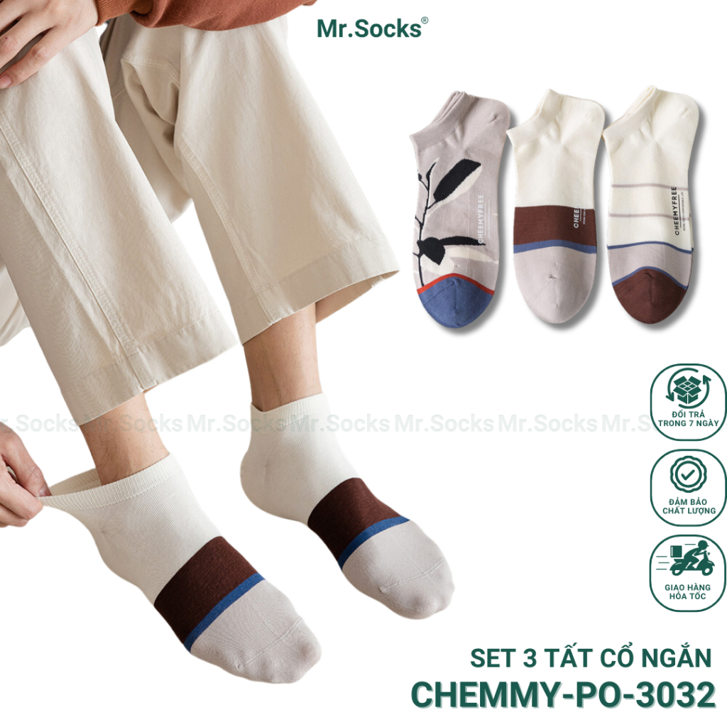 Set 3 đôi tất cổ thấp nam Mr.Socks, chất liệu cotton cao cấp, khử mùi thoáng khí-CHEMMY-PO-3032-CB3