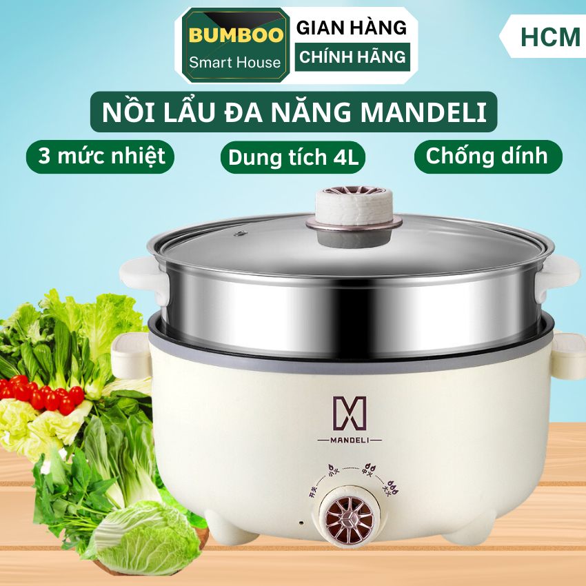 Nồi lẩu điện đa năng 2 tầng Mandeli kèm giá hấp 28 cm tráng men chống dính công suất 1000W, bảo hành 12 tháng