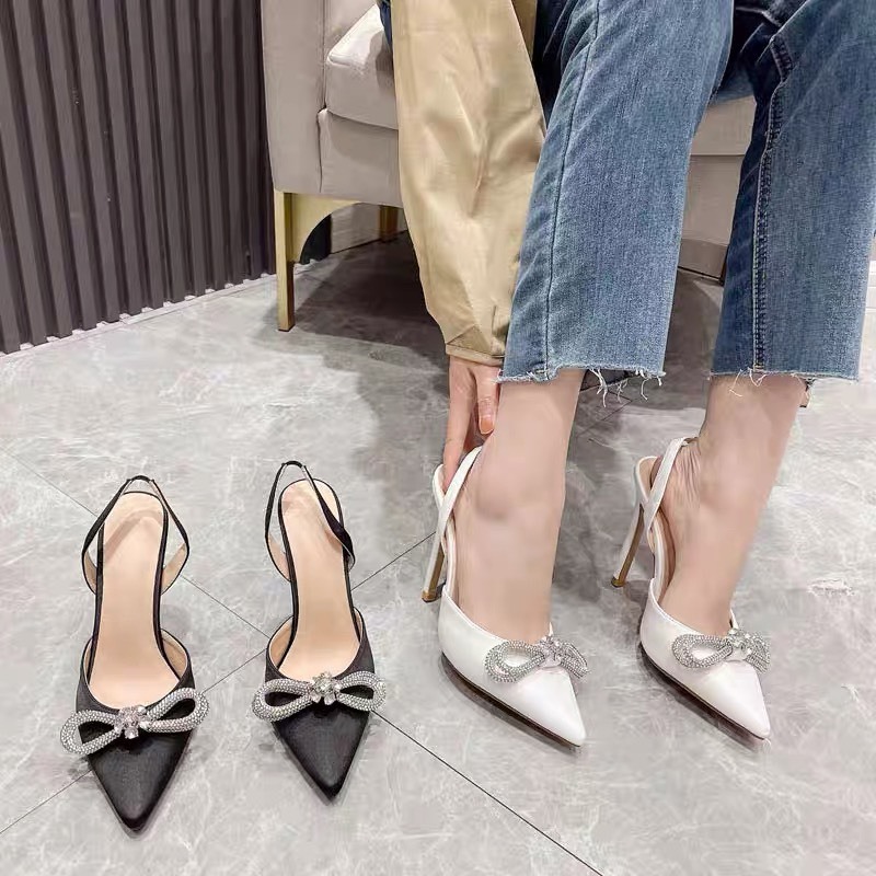 Giày sandal nữ  gót 7cm vip bít mũi nhọn quai đính nơ xoàn đá pha lê sang trọng tiểu thư công chúa đi tiệc mã 023