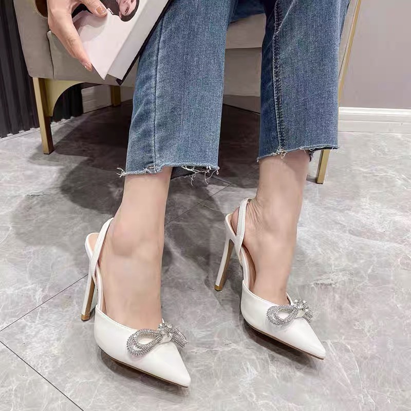 Giày sandal nữ  gót 7cm vip bít mũi nhọn quai đính nơ xoàn đá pha lê sang trọng tiểu thư công chúa đi tiệc mã 023