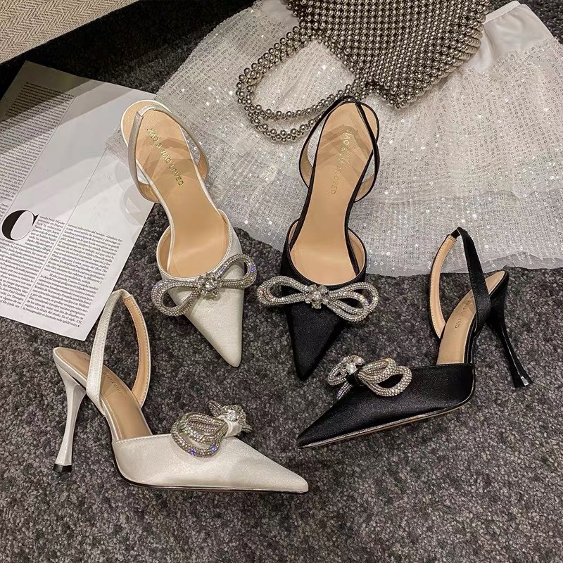 Giày sandal nữ  gót 7cm vip bít mũi nhọn quai đính nơ xoàn đá pha lê sang trọng tiểu thư công chúa đi tiệc mã 023