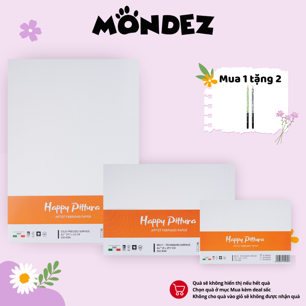 Giấy vẽ HAPPY PITTURA A3/A4/A5, dùng để vẽ marker, màu nước acrylic, định lượng 250gsm không thấm sang mặt sau