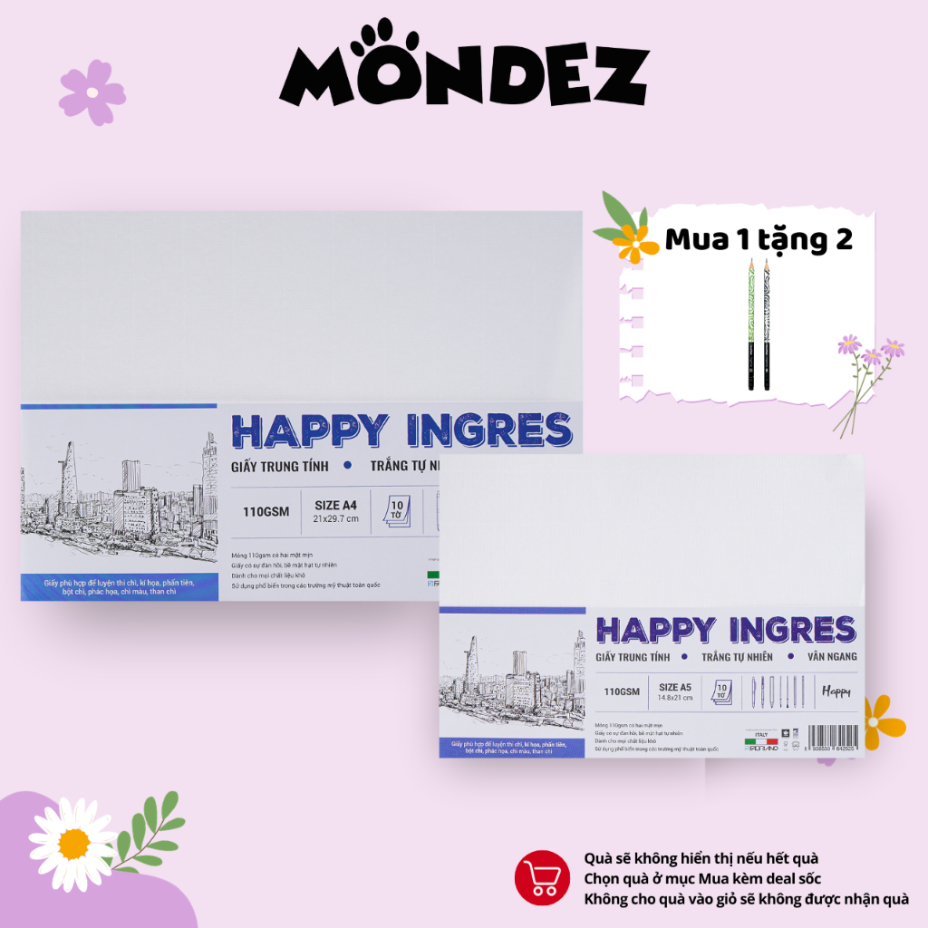 Giấy vẽ HAPPY INGRES 1 A4/A5, dùng để vẽ marker, màu nước acrylic, định lượng 110gsm không thấm sang mặt sau, chống nhăn