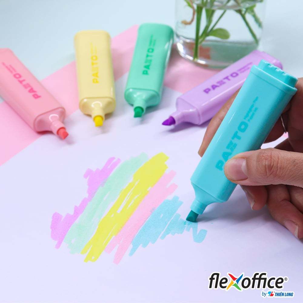 Bút dạ quang màu Pastel Thiên Long Flexoffice Pazto FO-HL009/VN - Bút dạ quang rửa được - Không để lại vết khi Photocopy