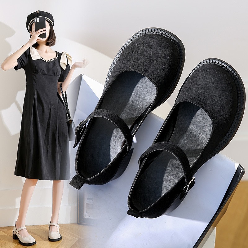 Giày marry janes nữ chất da lộn êm chân đế 5cm quai cài cực phong cách - LK93