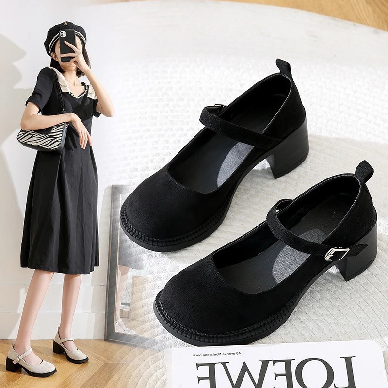Giày marry janes nữ chất da lộn êm chân đế 5cm quai cài cực phong cách - LK93