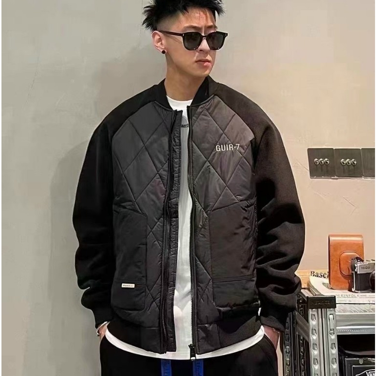 Áo Khoác Bomber Bông Trần Trám Pha Tay Lông Cừu