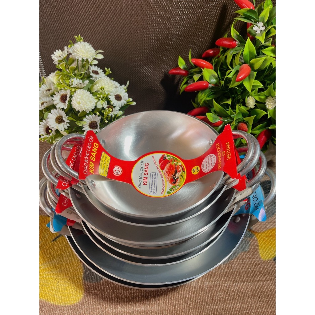 Chảo bầu  Kim Sang sáng bóng, chảo 2 quai nhôm dày chất lượng cao đủ size 16 đến 42cm.