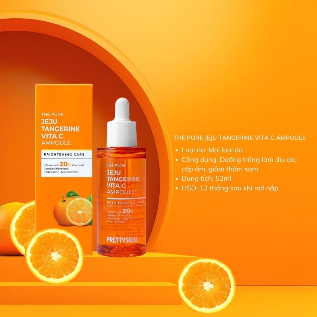 Tinh Chất DưỡngTrắng Phục Hồi Chống Lão Hóa Prettyskin The Pure Jeju Tangerine Vita C Ampoule 52ml, Serum Vitamin C