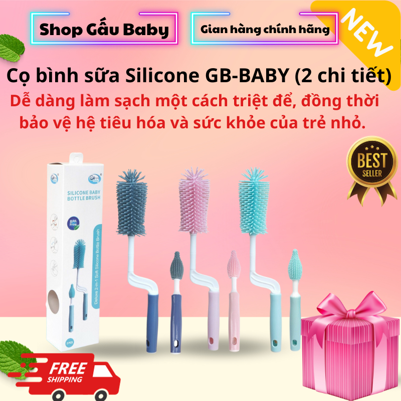 Bộ cọ rửa bình sữa Silicone cao cấp 2 chi tiết Tay cầm xoay 360 độ Gb-baby