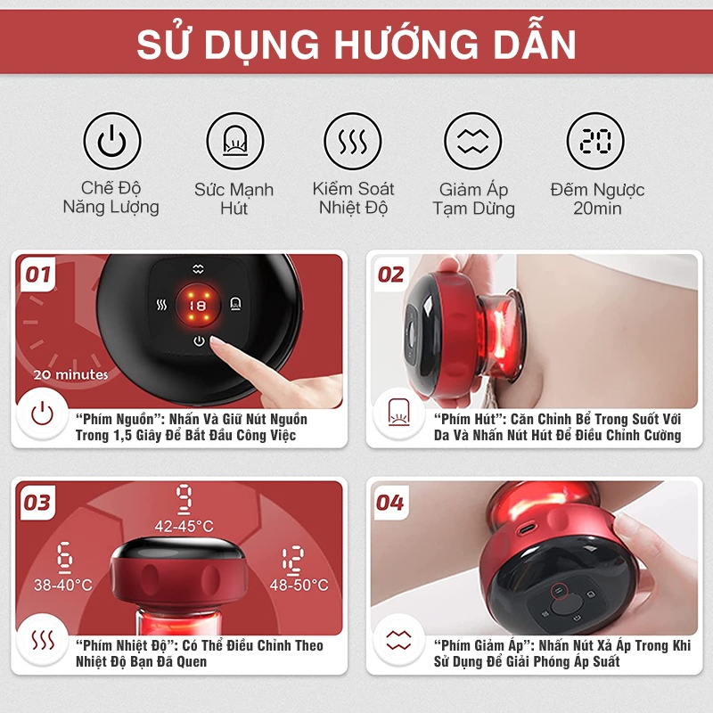 Máy Giác Hơi Cầm Tay Massage 6 Cấp Độ Hút Giác Hơi Lưu Thông Khí Huyết Cấp Nhiệt Giúp Giảm Đau Nhức