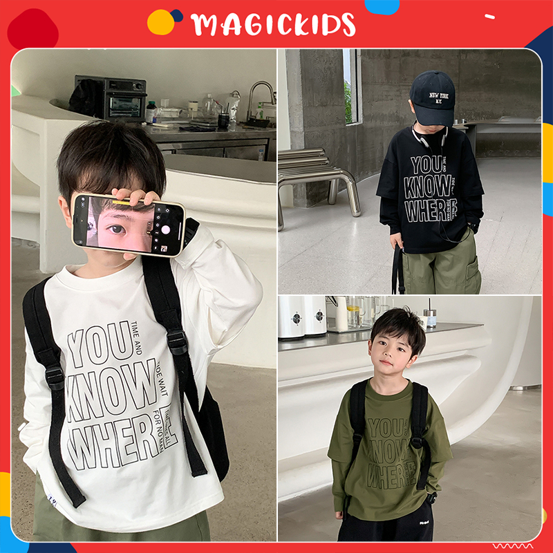 Áo thun bé trai Magickids áo dài tay cotton trẻ em phối hai lớp chất cotton mềm mịn in chữ thời trang thu đông AO23057