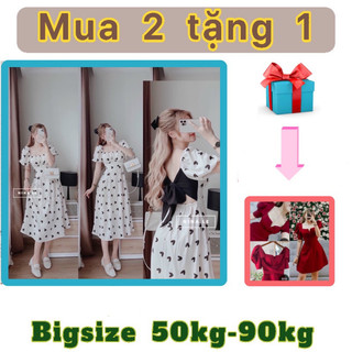 Đầm midi hoạ tiết trái tim cột nơ lưng tay phồng