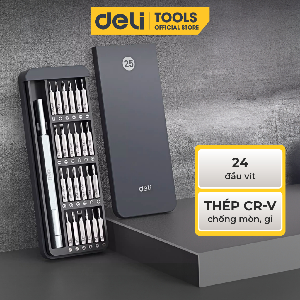Bộ Tua Vít 24 Đầu Vít Đa Năng Deli Tools Chất Liệu Thép CR-V Chống Mòn Gì, Đầu Vít Từ Tính Tiện Dụng