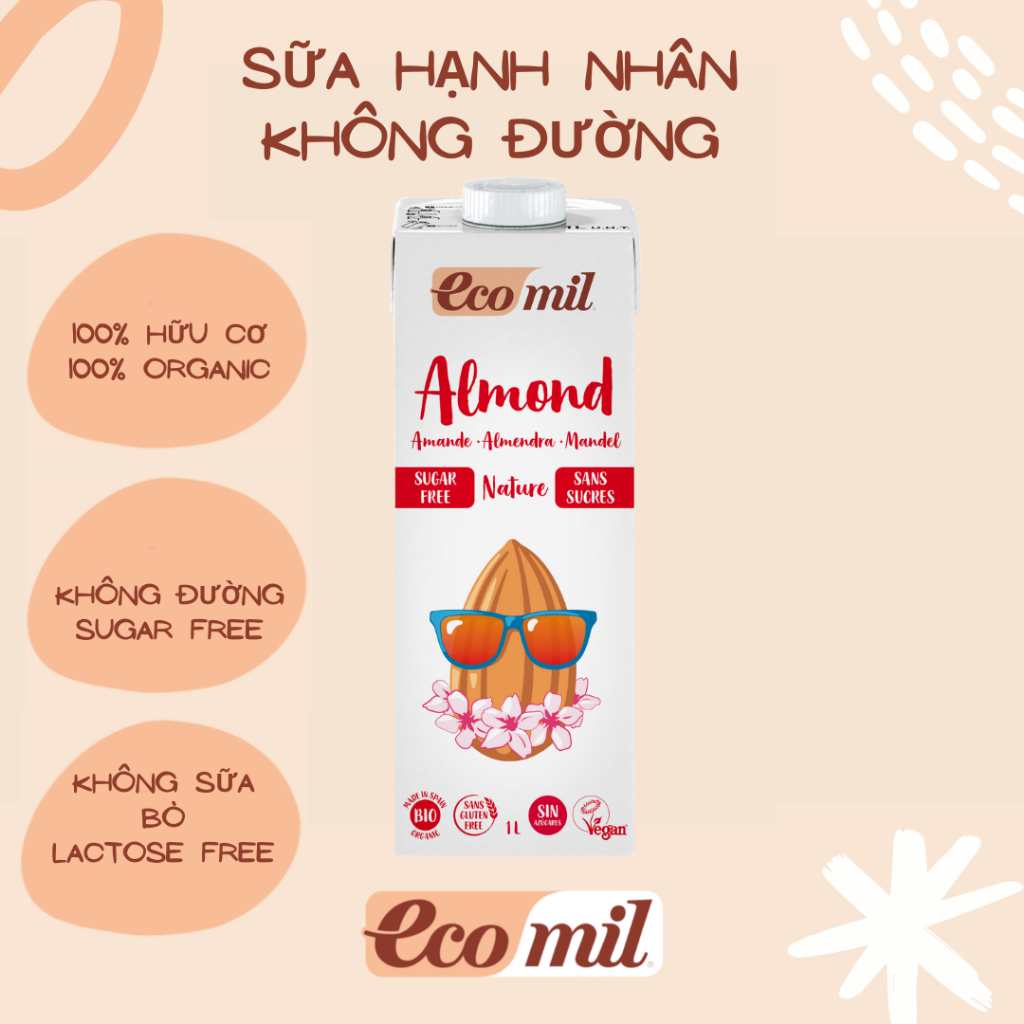 Sữa Hạt Hạnh Nhân Không Đường Hữu Cơ Organic Almond Milk Sugar-Free Bio Ecomil 1L