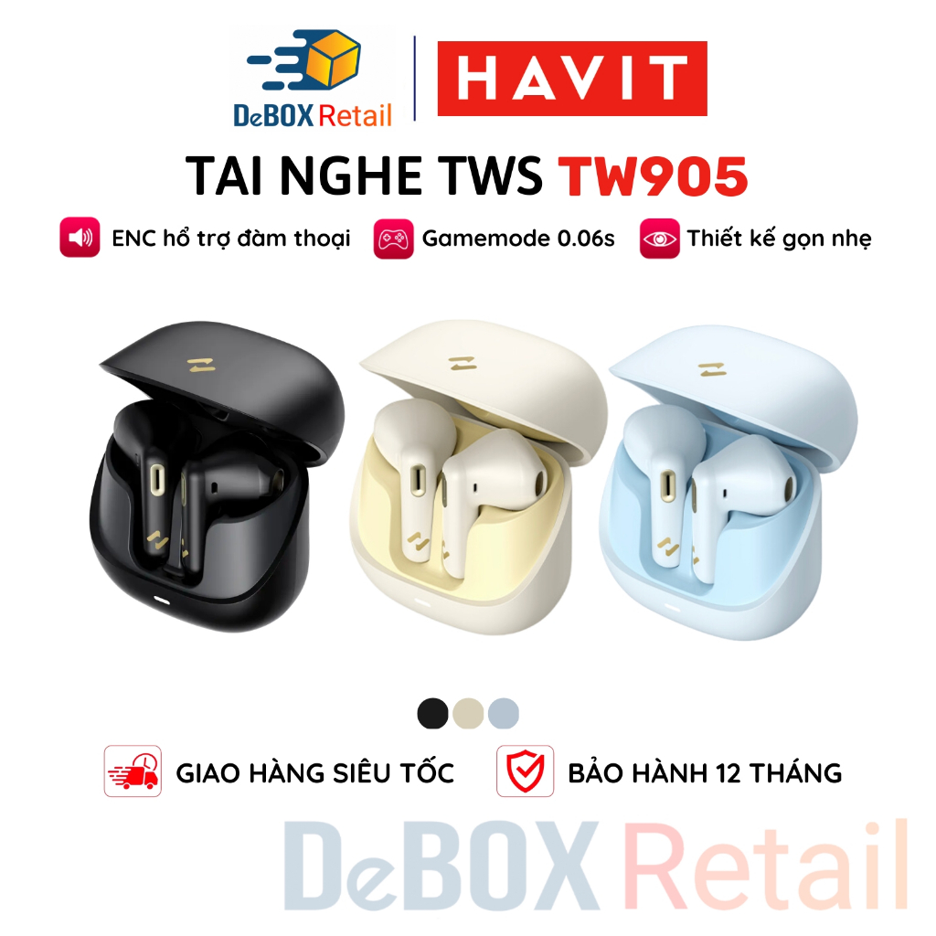 Tai Nghe TWS HAVIT TW905, BT 5.3 - 2 Mic ENC Hỗ Trợ Đàm Thoại, Độ Trễ Thấp 60ms, Nghe Nhạc Đến 27H - Hàng Chính Hãng