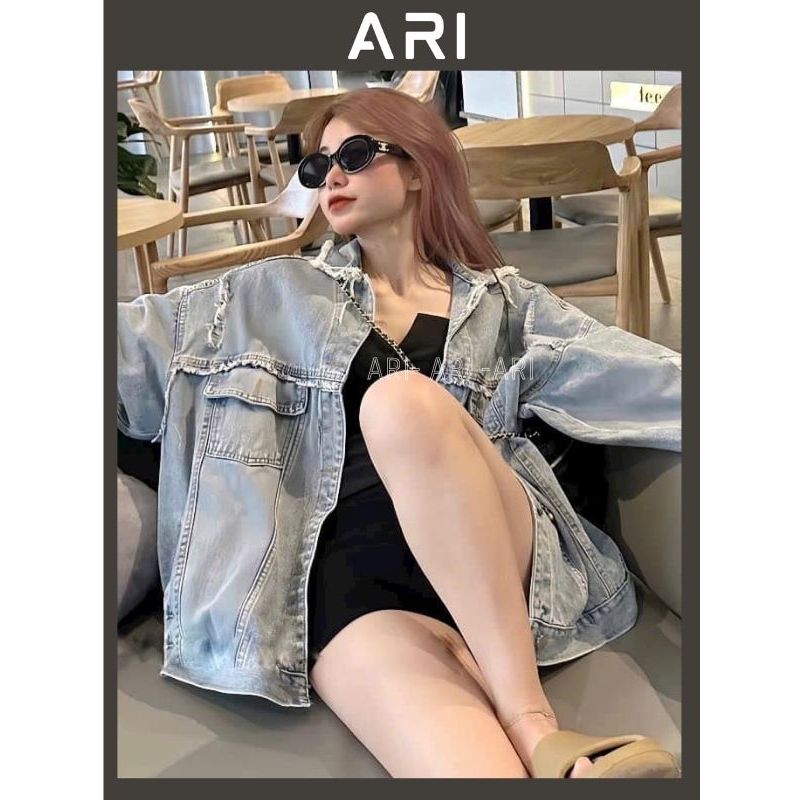 Áo khoác jean màu xanh tua rua - Áo khoác bò dài rộng thời trang nam nữ unisex trẻ trung năng động ARI AKB22