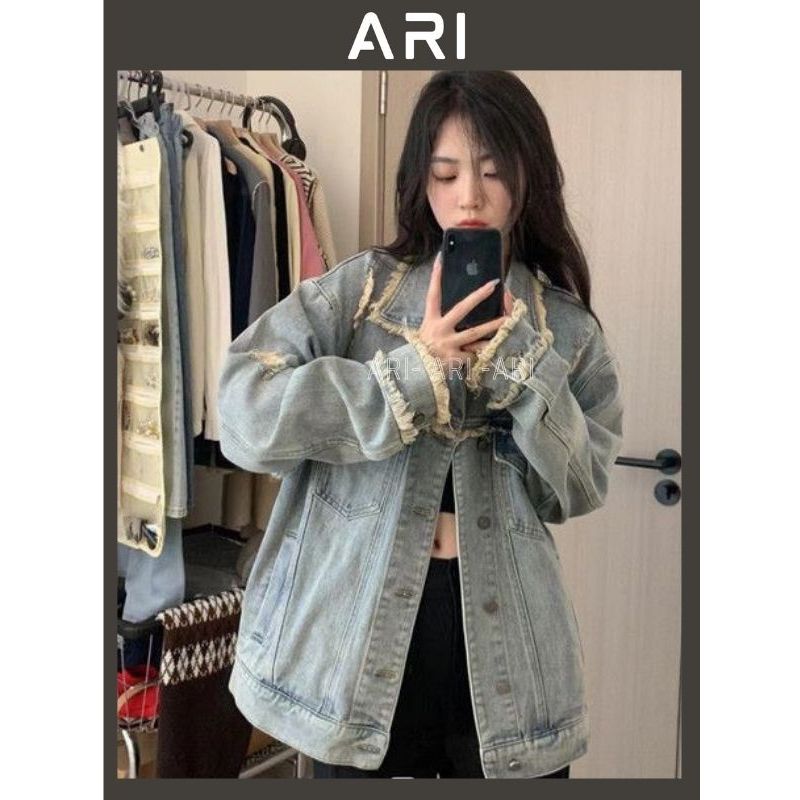 Áo khoác jean màu xanh tua rua - Áo khoác bò dài rộng thời trang nam nữ unisex trẻ trung năng động ARI AKB22