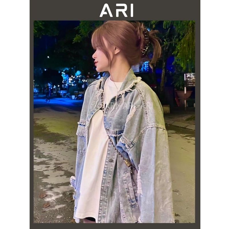 Áo khoác jean màu xanh tua rua - Áo khoác bò dài rộng thời trang nam nữ unisex trẻ trung năng động ARI AKB22
