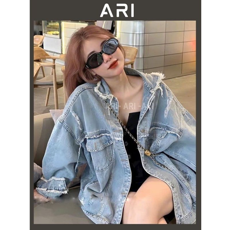 Áo khoác jean màu xanh tua rua - Áo khoác bò dài rộng thời trang nam nữ unisex trẻ trung năng động ARI AKB22