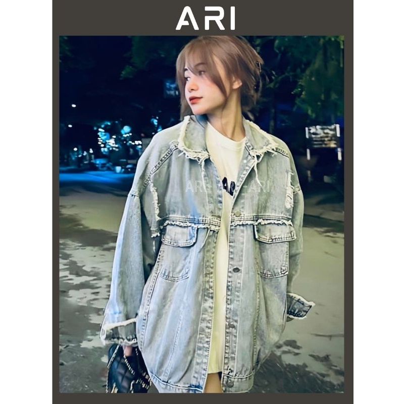 Áo khoác jean màu xanh tua rua - Áo khoác bò dài rộng thời trang nam nữ unisex trẻ trung năng động ARI AKB22