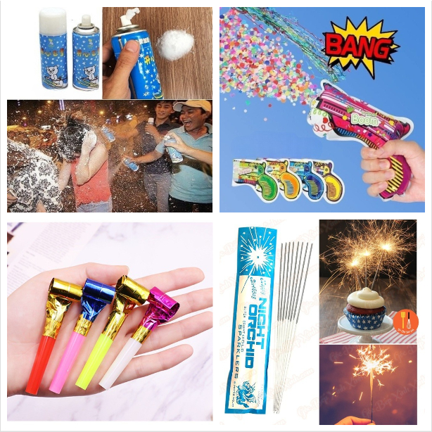 ĐỒ CHƠI TỔ CHỨC SINH NHẬT, NOEL, LỄ, TIỆC (QUE NẾN BÔNG, CHAI XỊT TUYẾT, KÈN THỔI, SÚNG PHÁO GIẤY) [HCM]