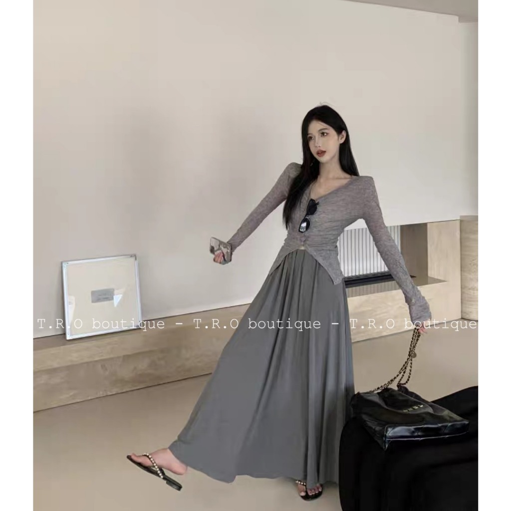 Set áo len tăm xẻ mix chân váy suông hàng QCCC