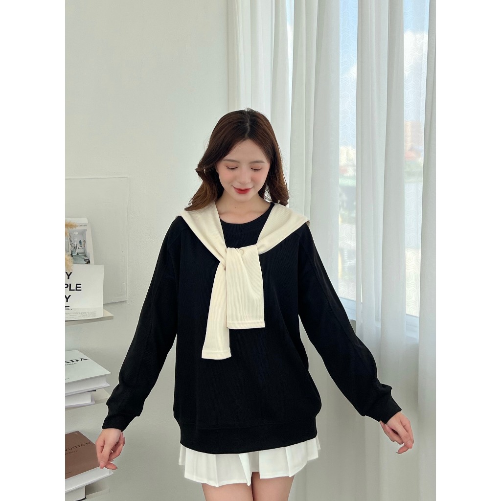 Áo Sweater nỉ tăm thuỷ thủ tặng kèm khăn rời KIMII 1091 P6K7