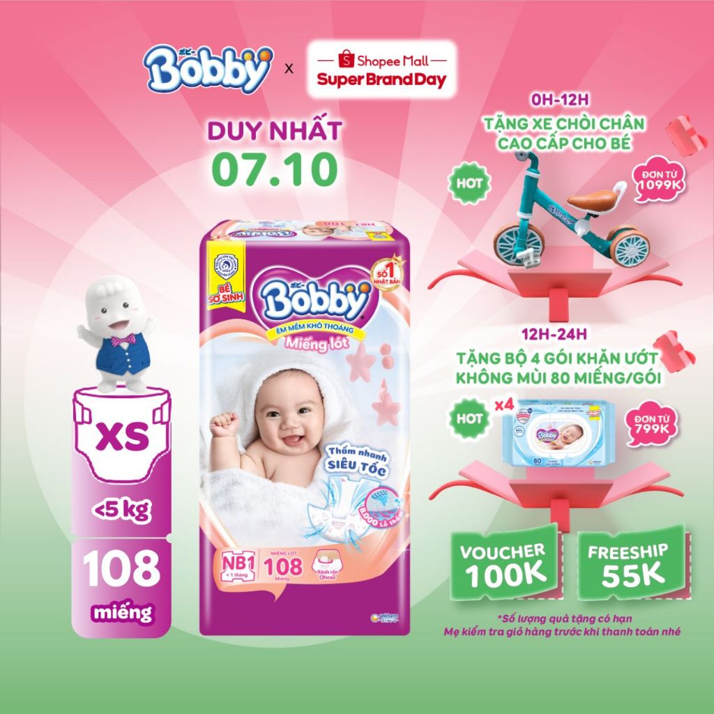 Miếng lót sơ sinh Bobby Newborn 1-108 miếng