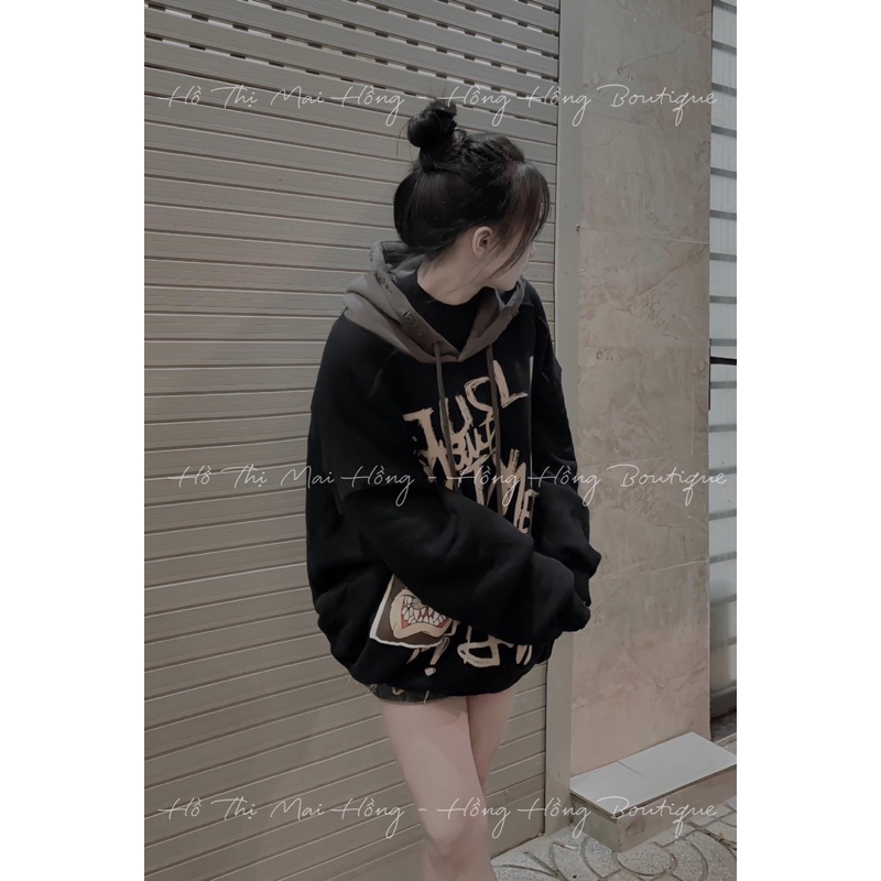 ÁO NỈ ĐEN THỤNG IN CHỮ PHỐI MŨ NÂU