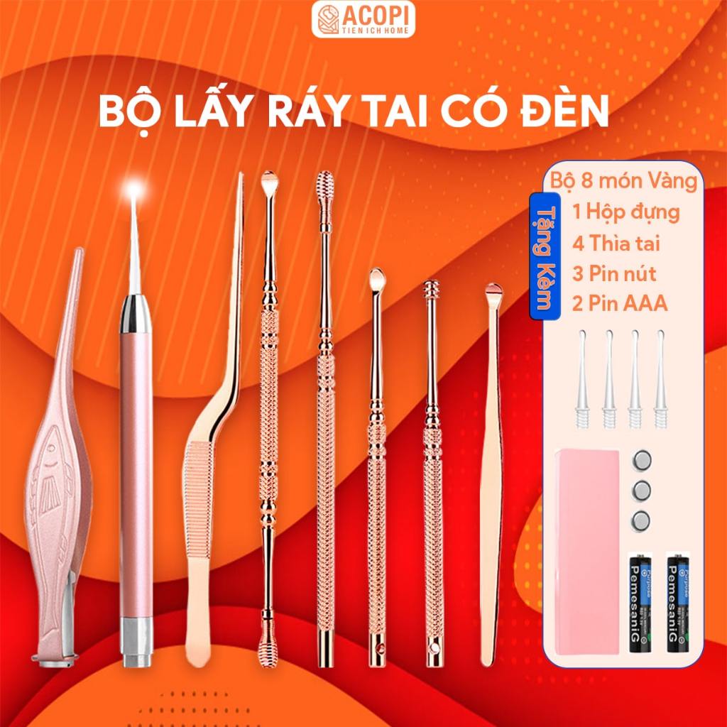 Lấy ráy tai ngoáy tai có đèn cho trẻ em và người lớn, Dụng cụ lấy ráy tai thép cao cấp không gỉ - ACOPI.store