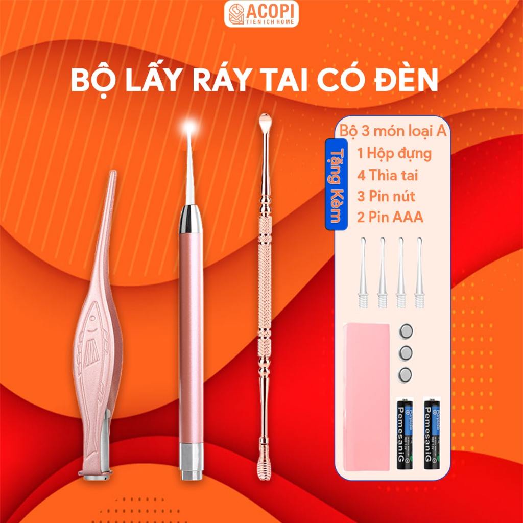 Lấy ráy tai ngoáy tai có đèn cho trẻ em và người lớn, Dụng cụ lấy ráy tai thép cao cấp không gỉ - ACOPI.store