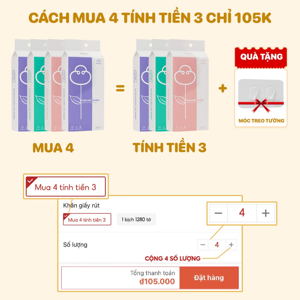 Khăn giấy vệ sinh Top Gia 3 màu, giấy vệ sinh 1280 tờ treo tường tiện lợi, siêu dai và mềm mịn