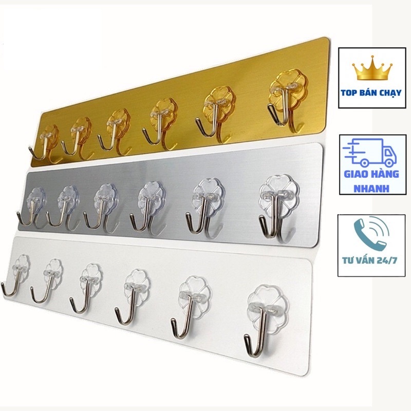 Móc Treo Quần Áo Dán Tường, Thanh treo đồ 6 móc siêu dính chịu lực cho nhà tắm, nhà bếp, quần áo