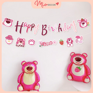 Dây chữ happy birthday gấu dâu losto, gấu hồng dâu tây hot trend