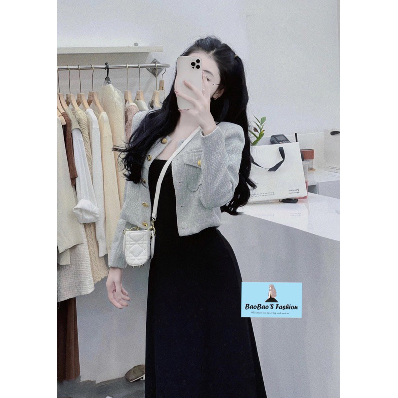 Set đầm đen 2 dây mix áo dạ thanh lịch