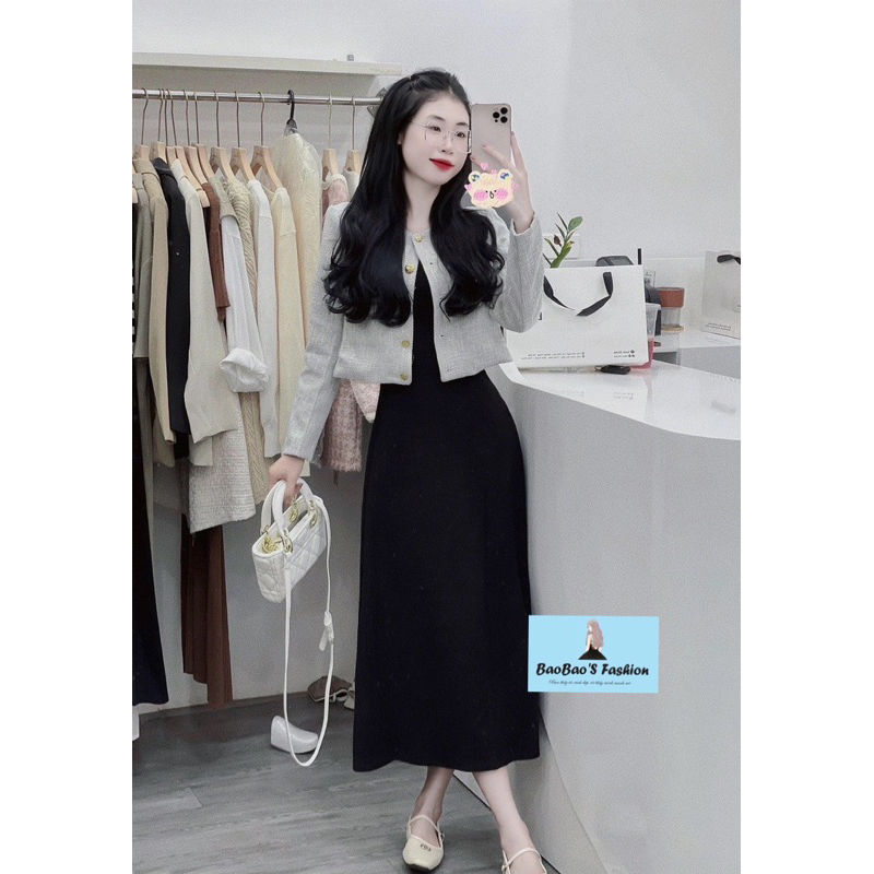 Set đầm đen 2 dây mix áo dạ thanh lịch