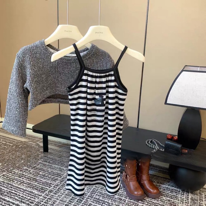 Váy bé gái, set váy thu đông cho bé: váy zip kẻ 2 dây và áo len dày croptop size 10-30kg