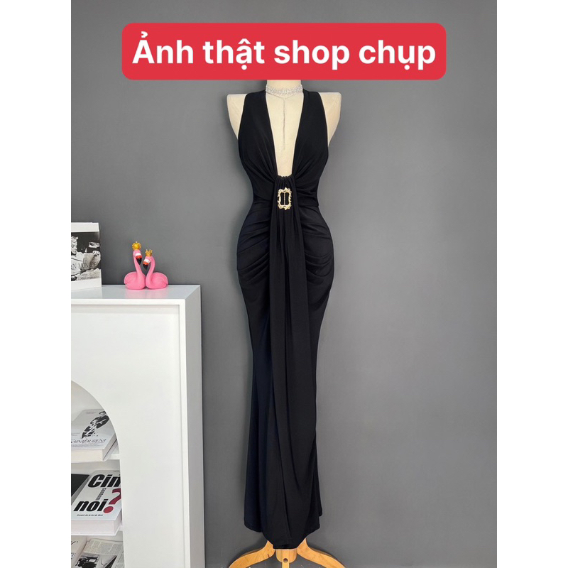 Đầm maxi yếm tag eo xẻ đùi