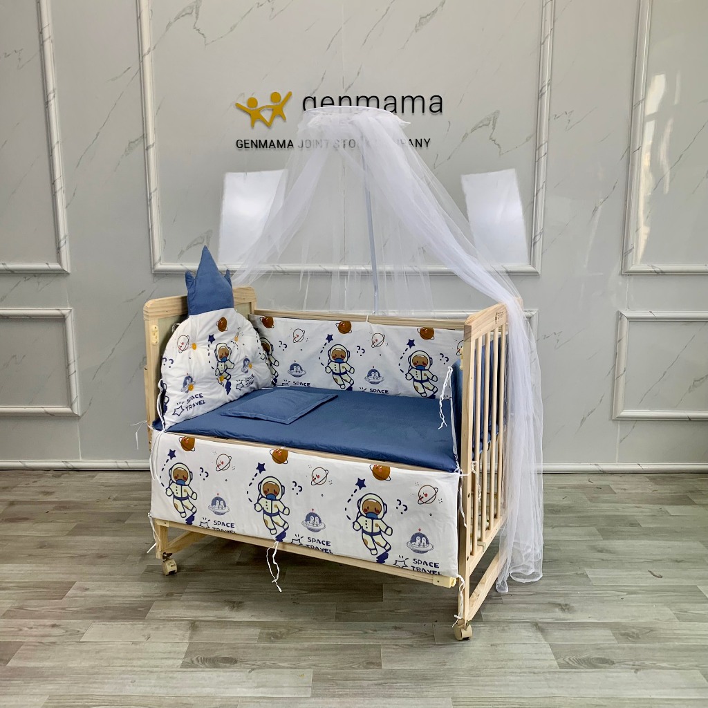 QUÂY CŨI  cho bé GENMAMA quây 4 mặt + kèm gối, đệm quây chần bông chất liệu cotton thoáng mát